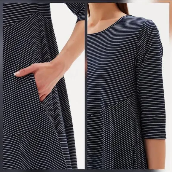 Tirelli Australia Dress Navy Striped Diagonal Seam, 3/4 sleeves, pockets, sz M - Picture 2 of 12